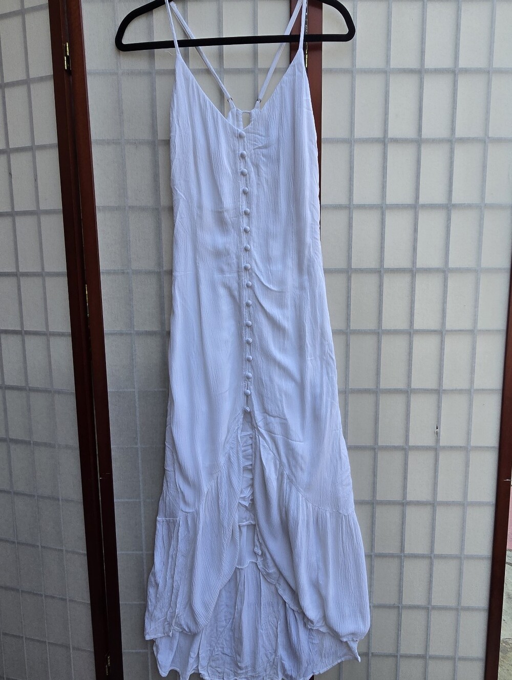 Abercrombie & Fitch White Crinkle Maxi Dress L Cottagecore Boho Coastal High-Low